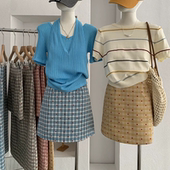 韩版 植绒爱心高腰格子短裙2026春季 新款 A字半身裙小个子包臀裙