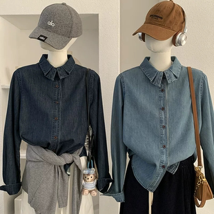 设计感翻领单排扣长袖牛仔衬衫初春新品宽松显瘦开衫外套纯色上衣