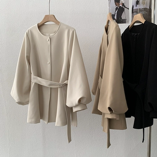 外套秋季 西装 新款 长袖 大衣女 灯笼袖 小香风系带显瘦风衣纯色中长款