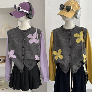 新款 女春季 减龄圆领宽松毛衣外套上衣 针织开衫 撞色假两件花朵长袖