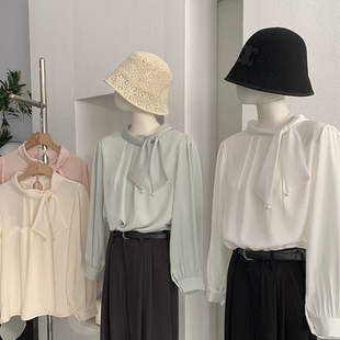 通勤气质长袖 女春季 垂感衬衣打底上衣 温柔蝴蝶结缎面衬衫 法式