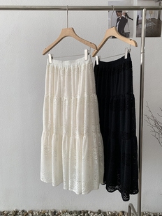 长裙 拼接A字显瘦法式 重工钩花镂空植绒蕾丝加厚半身裙女冬季 新款