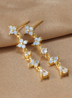 新ins风蓝色锆石耳钉 铜镀18K真金花朵耳线 韩版首饰女耳饰