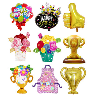 金色奖杯鲜花奖杯波点围裙玫瑰花篮芬芳花篮奖杯铝箔铝膜气球