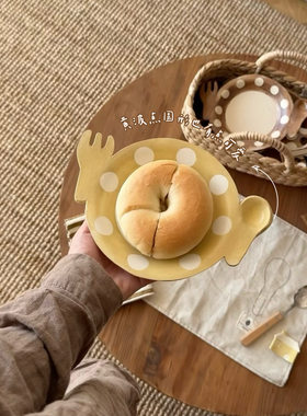 一颗松果居原创作家器手作陶器餐具家用黄波点造型点心水果盘子
