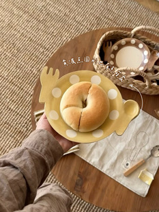 一颗松果居原创作家器手作陶器餐具家用黄波点造型点心水果盘子