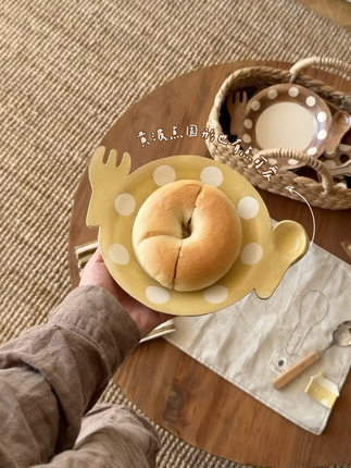 一颗松果居原创作家器手作陶器餐具家用黄波点造型点心水果盘子