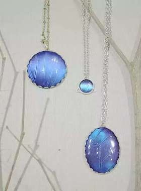 大蓝闪蝶标本正圆吊坠项链