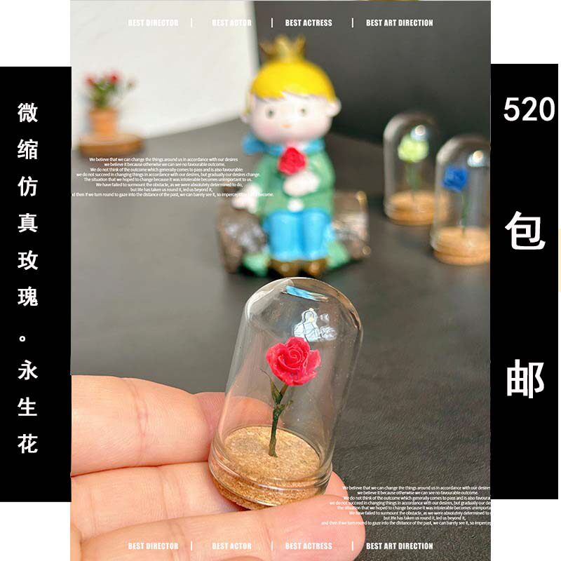 微缩迷你袖珍仿真植物情人节玫瑰永生花玻璃罩模型娃娃屋场景摆件