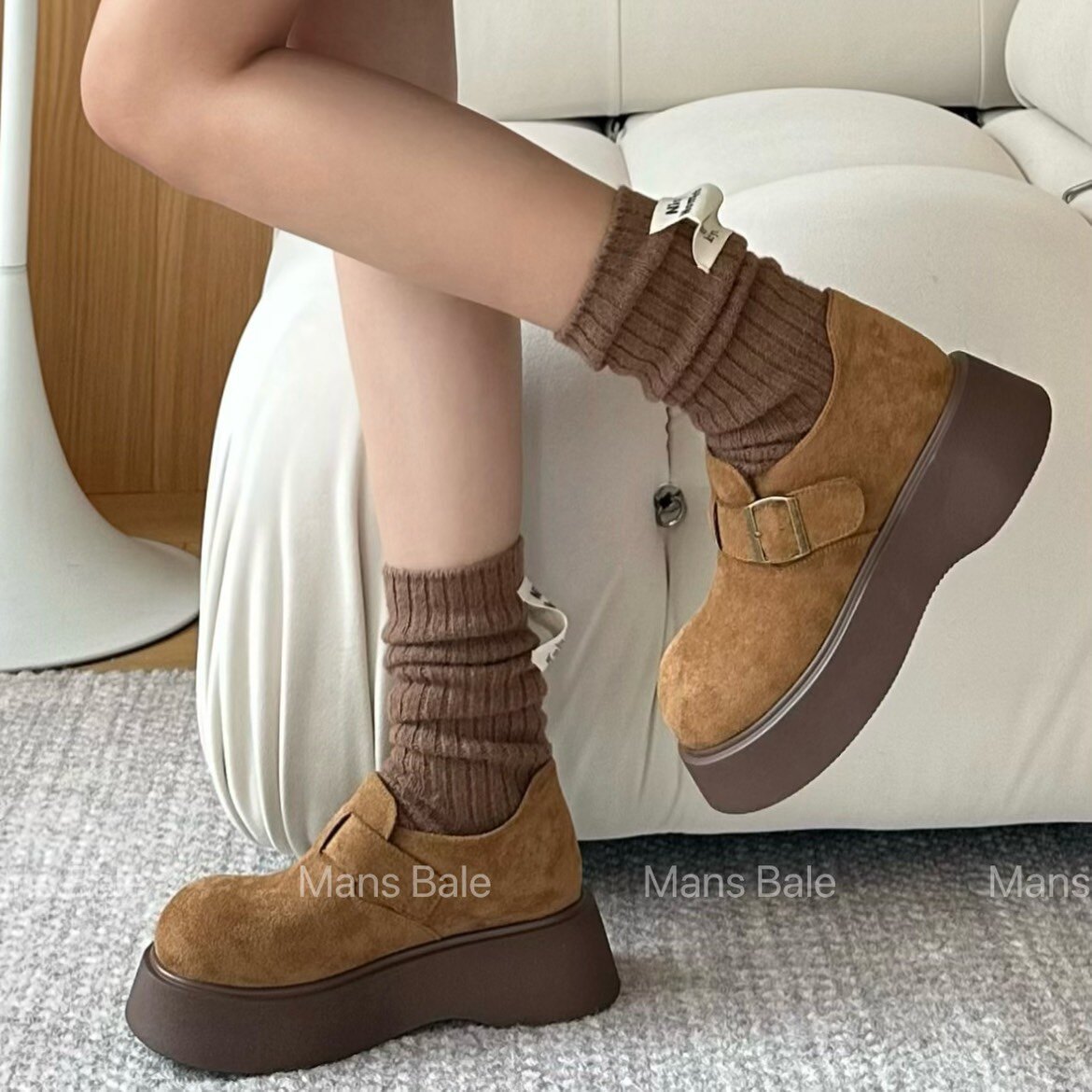超百搭增高5cm真皮棕色厚底勃肯鞋女2024冬季新款加绒休闲棉鞋女