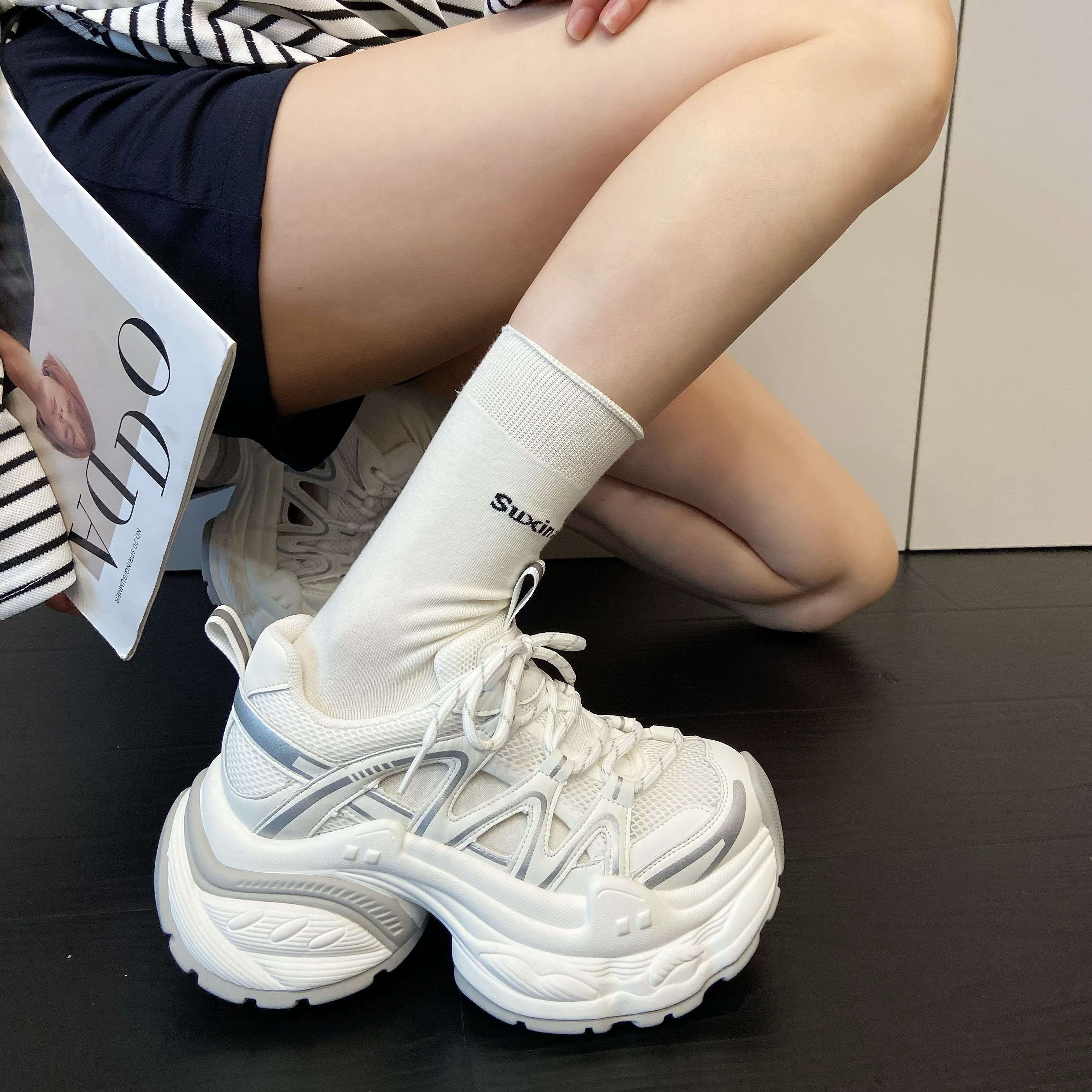 真皮厚底增高镂空网面透气老爹鞋女2026夏季新款百搭休闲运动鞋女