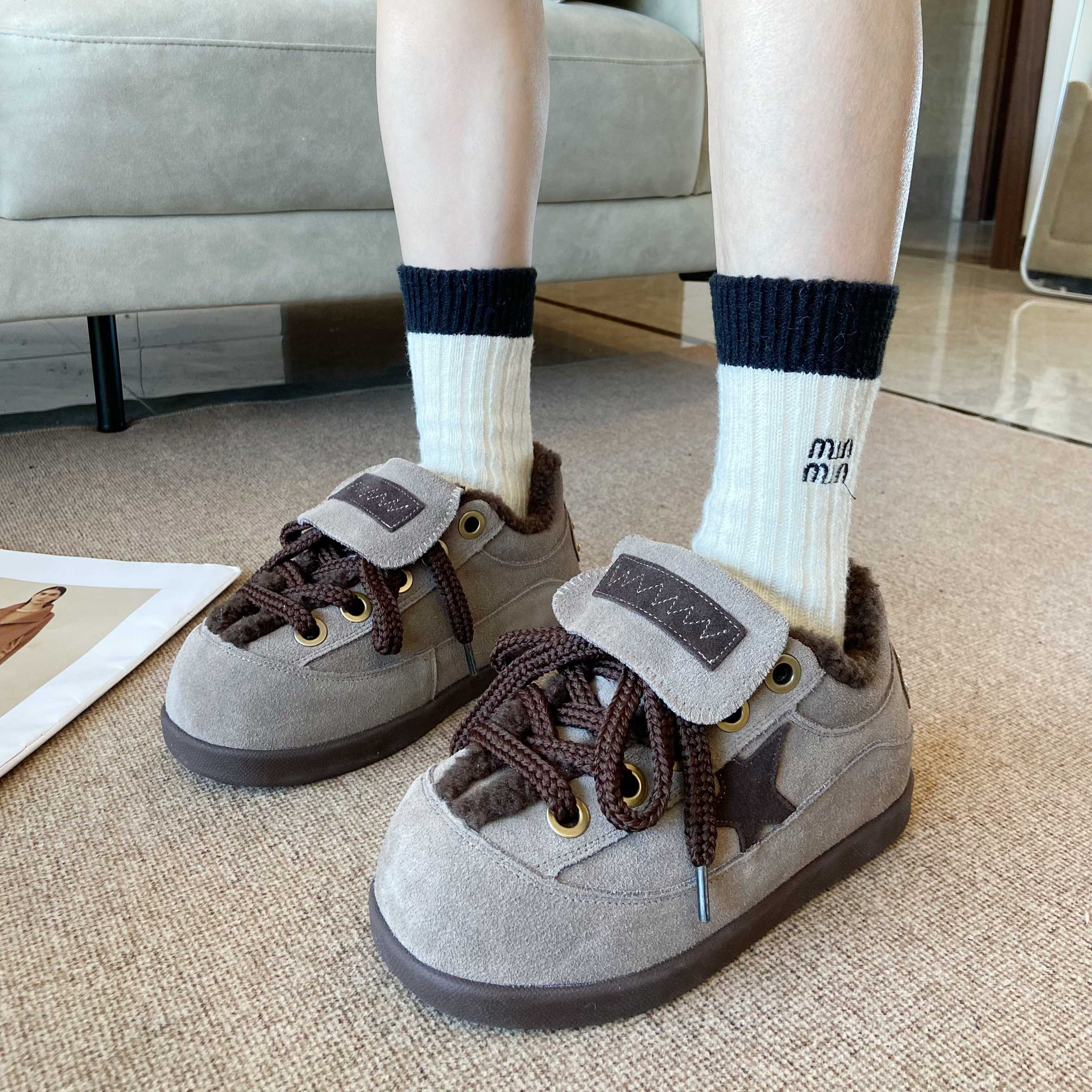 真皮厚底增高加绒星星面包鞋女2025冬季新款百搭羊羔毛保暖棉鞋潮