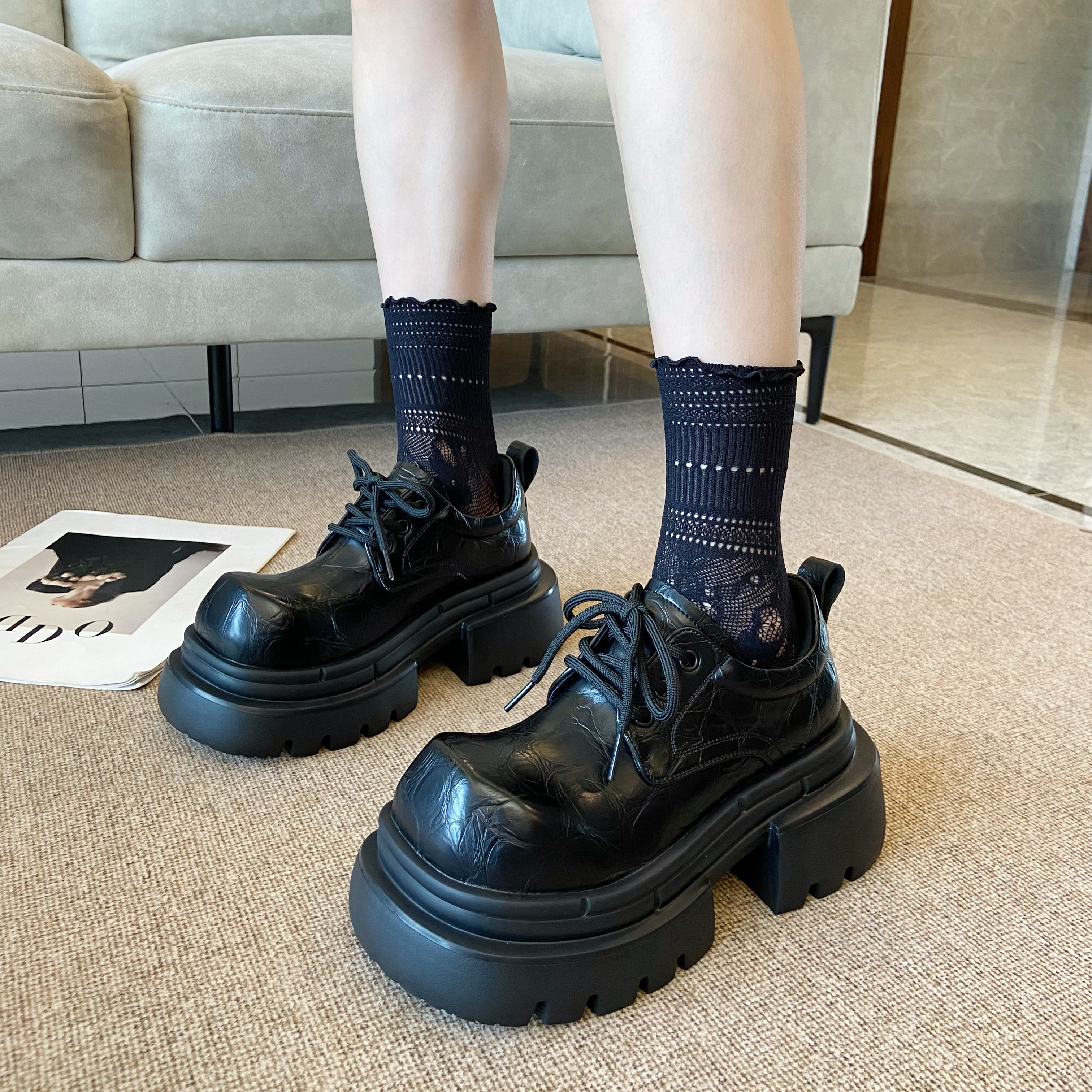 真皮厚底增高乐福鞋女2025冬季新款英伦风舒适百搭系带德比鞋单鞋