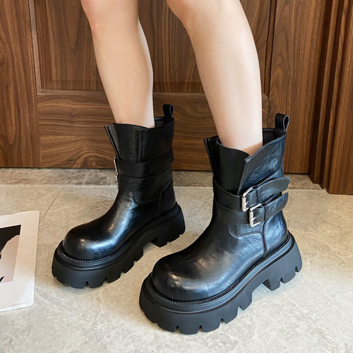 真皮厚底增高马丁靴女2025秋季新款百搭英伦风短靴皮带扣机车靴潮