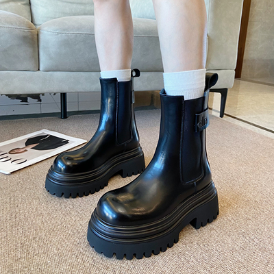 真皮厚底增高烟筒靴女2025冬季新款百搭显瘦套筒马丁靴切尔西短靴