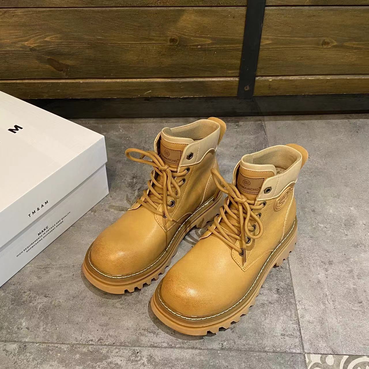 增高马丁靴女2024秋季新款真皮百搭靴子大黄靴小个子洋气黄色短靴