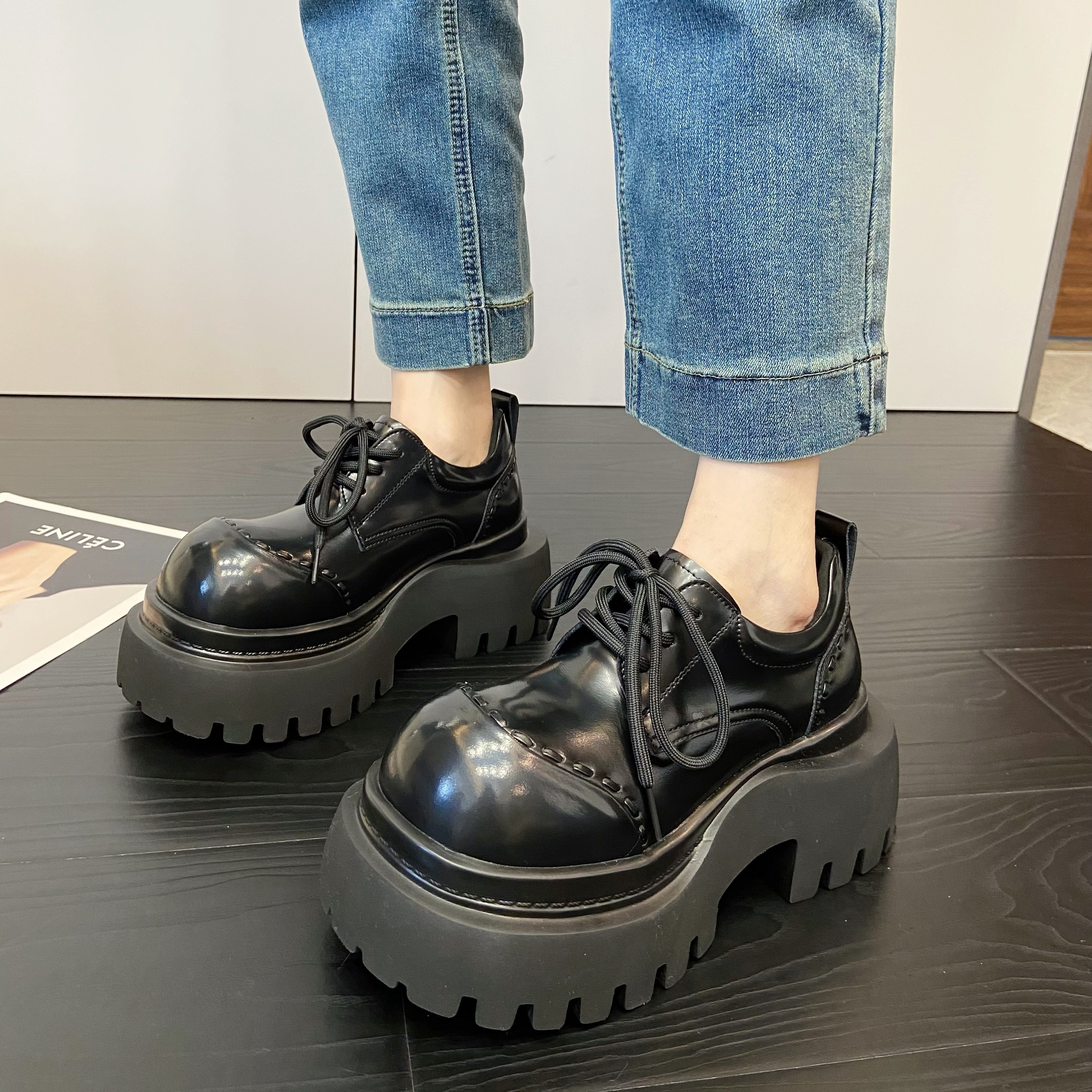 真皮厚底增高乐福鞋女2026春季新款百搭英伦风潮酷系带小皮鞋单鞋,女鞋,乐福鞋（豆豆鞋）,淘宝优惠券,粉丝福利购,淘宝优惠卷