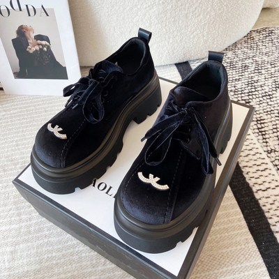 金丝绒乐福鞋女2024秋季新款小香风厚底松糕底绒面高跟圆头小皮鞋