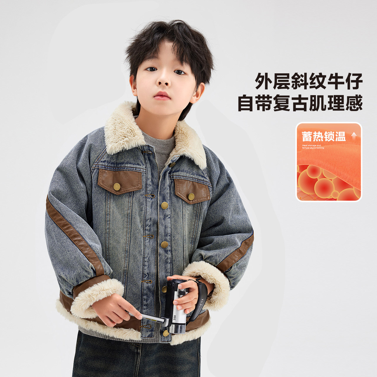 左西男童加厚兔毛牛仔外套棉服棉衣儿童冬装2024新款男孩冬季棉袄