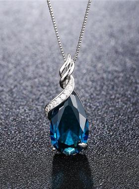 人鱼之泪项链海宝蓝新款时尚饰品水滴形宝石蓝水晶天然吊坠项坠女