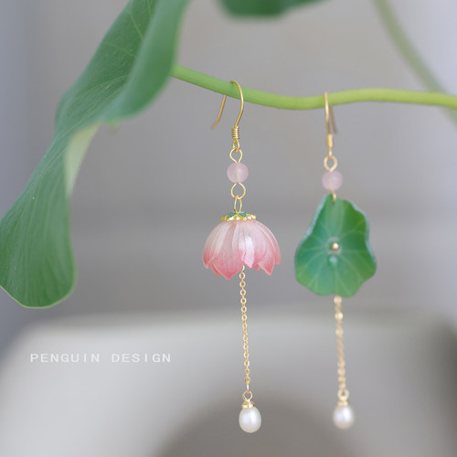 原创荷花荷叶小清新耳环