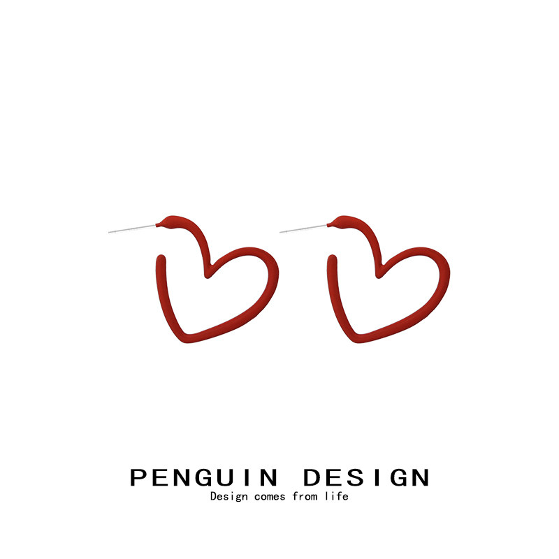 纯银925银 过年镂空大爱心耳环红色桃心形耳钉心形女形状耳饰耳坠