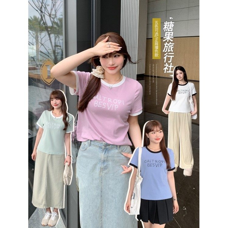 多巴胺糖果色清新印花圆领t恤女夏大码胖mm显瘦修身短袖上衣甜美