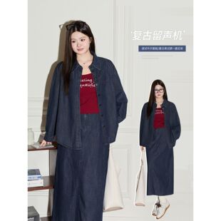 港式复古气质翻领宽松外套女秋大码女装胖mm通勤牛仔两件套纯色潮