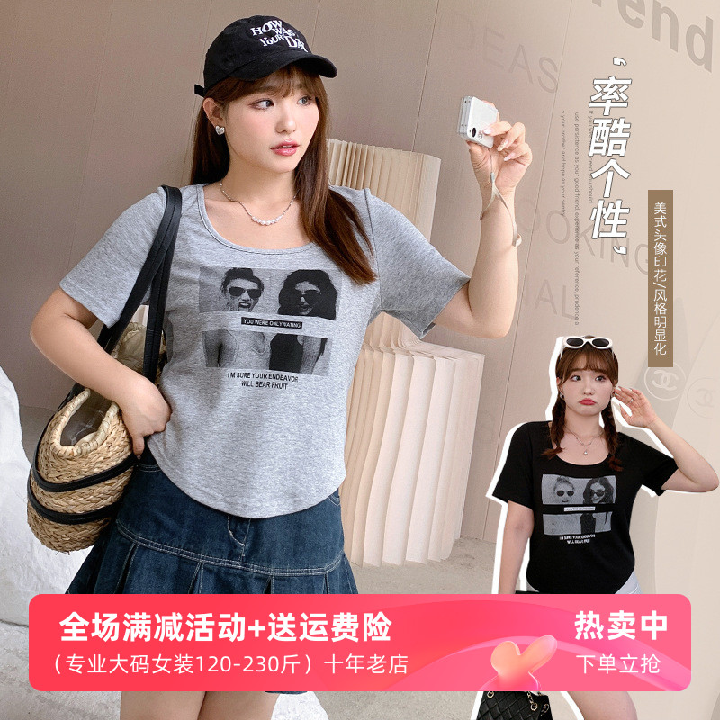 美式复古短袖正肩T恤胖mm大码夏季辣妹印花U领修身短款上衣显瘦潮