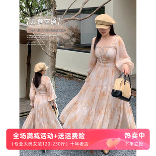 气质女裙显瘦 2025微胖大码 法式 氛围感扎染连衣裙春新款 胖MM中长款
