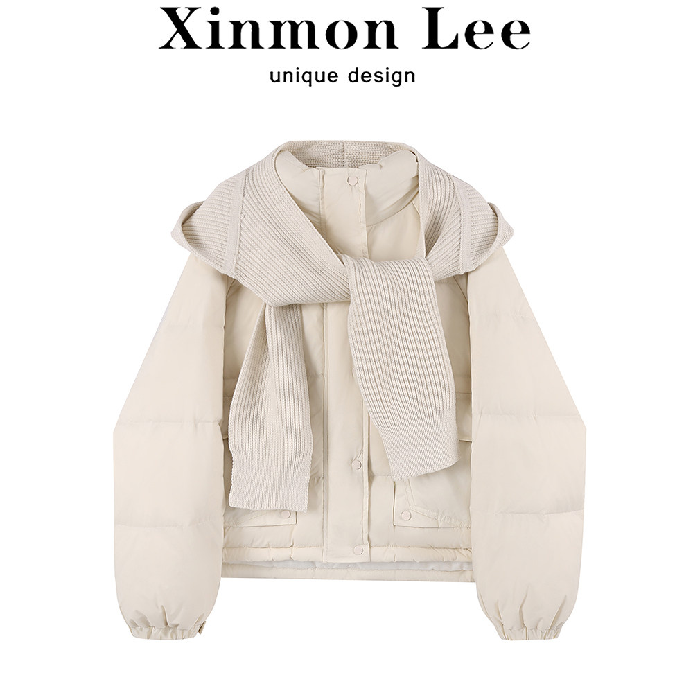 XinmonLee韩版针织连帽披肩羽绒服女冬季宽松百搭面包服加厚外套