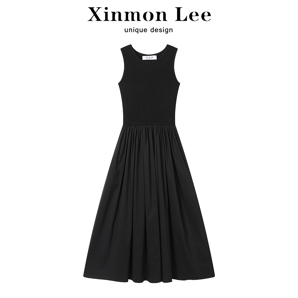XinmonLee赫本风小黑无袖背心连衣裙女夏季新款气质显瘦拼接a字裙