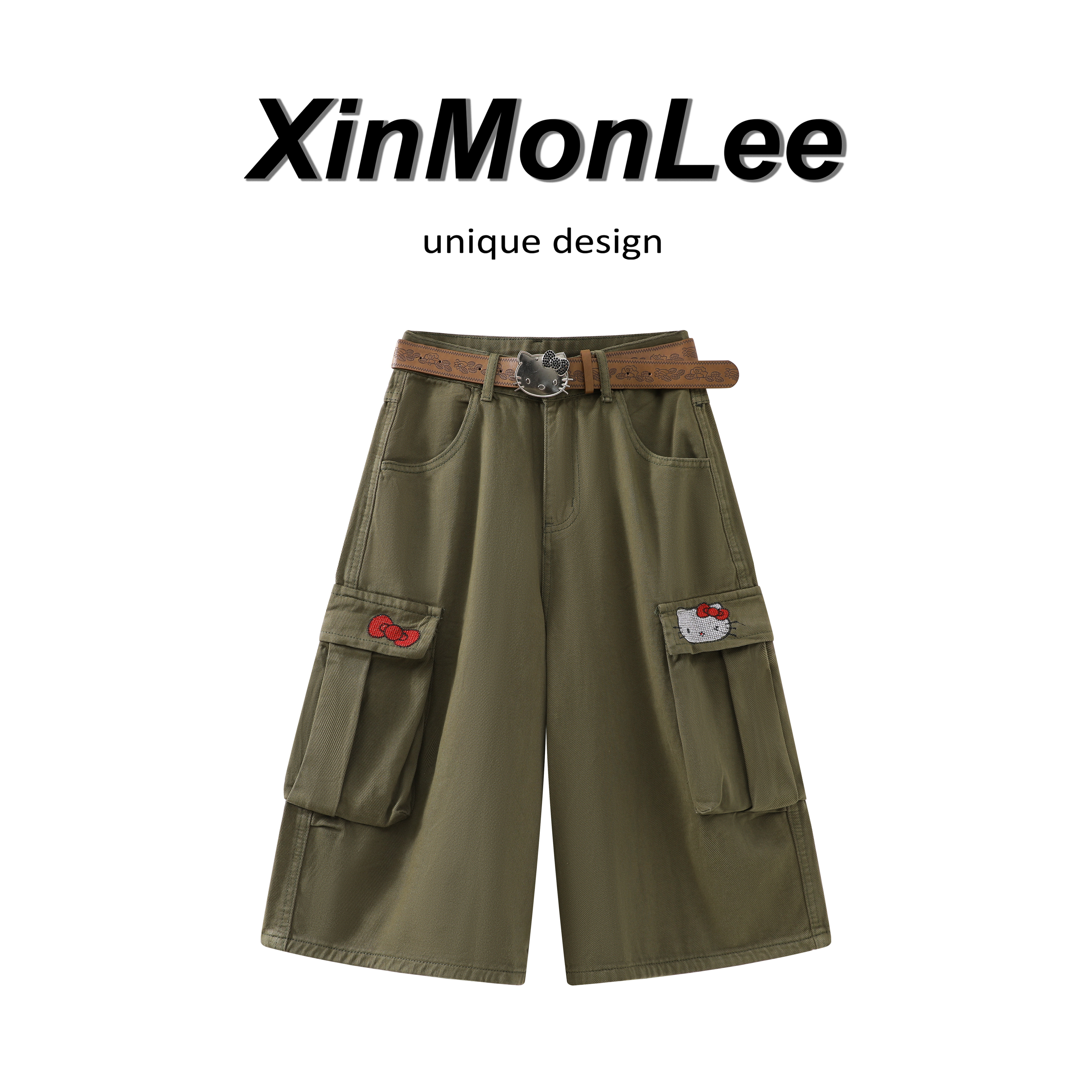 XinmonLee军绿色韩版复古牛仔裤工装风秋季宽松显瘦阔腿百搭下装