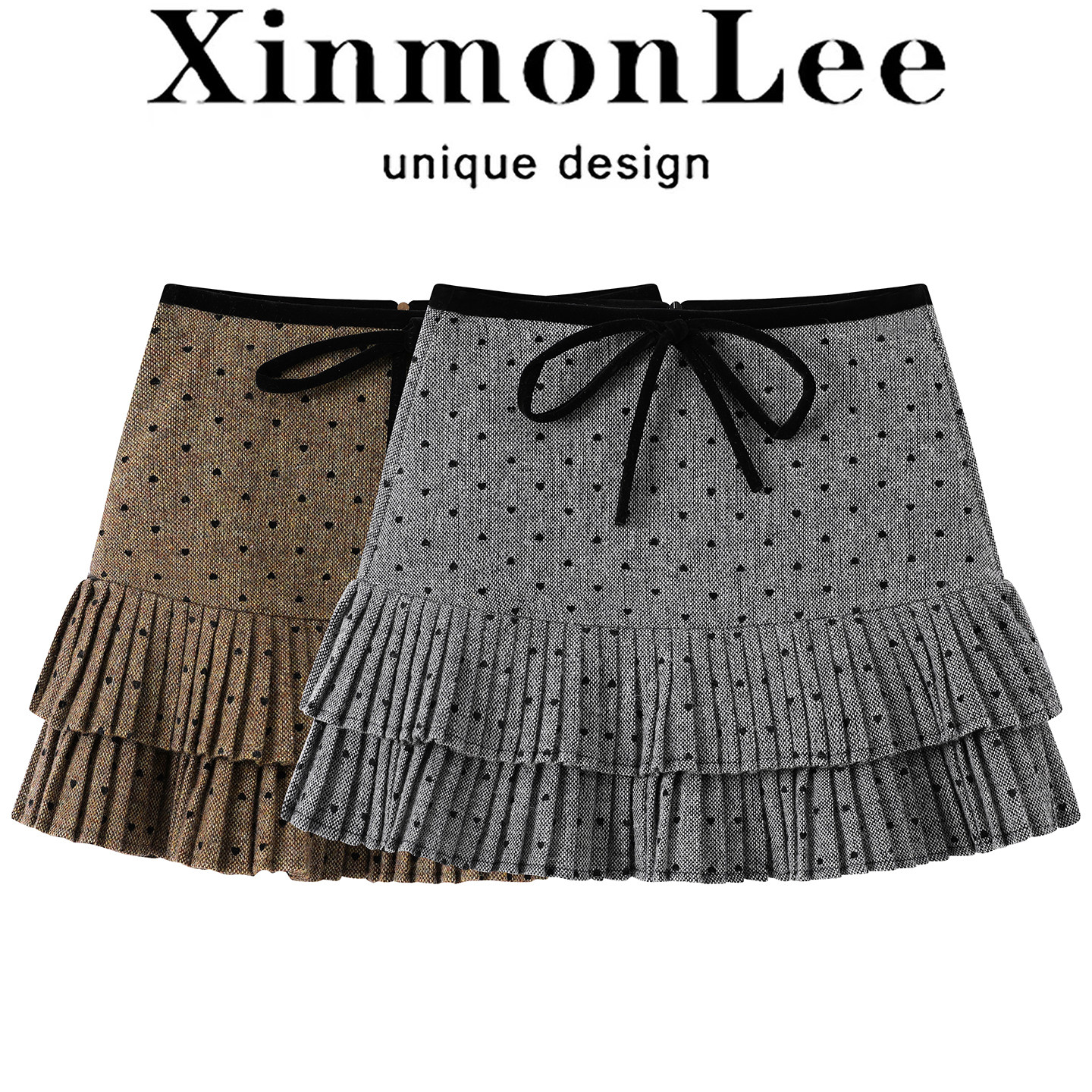 XinmonLee法式复古设计感波点撞色毛呢半身裙秋冬高腰甜美短裙
