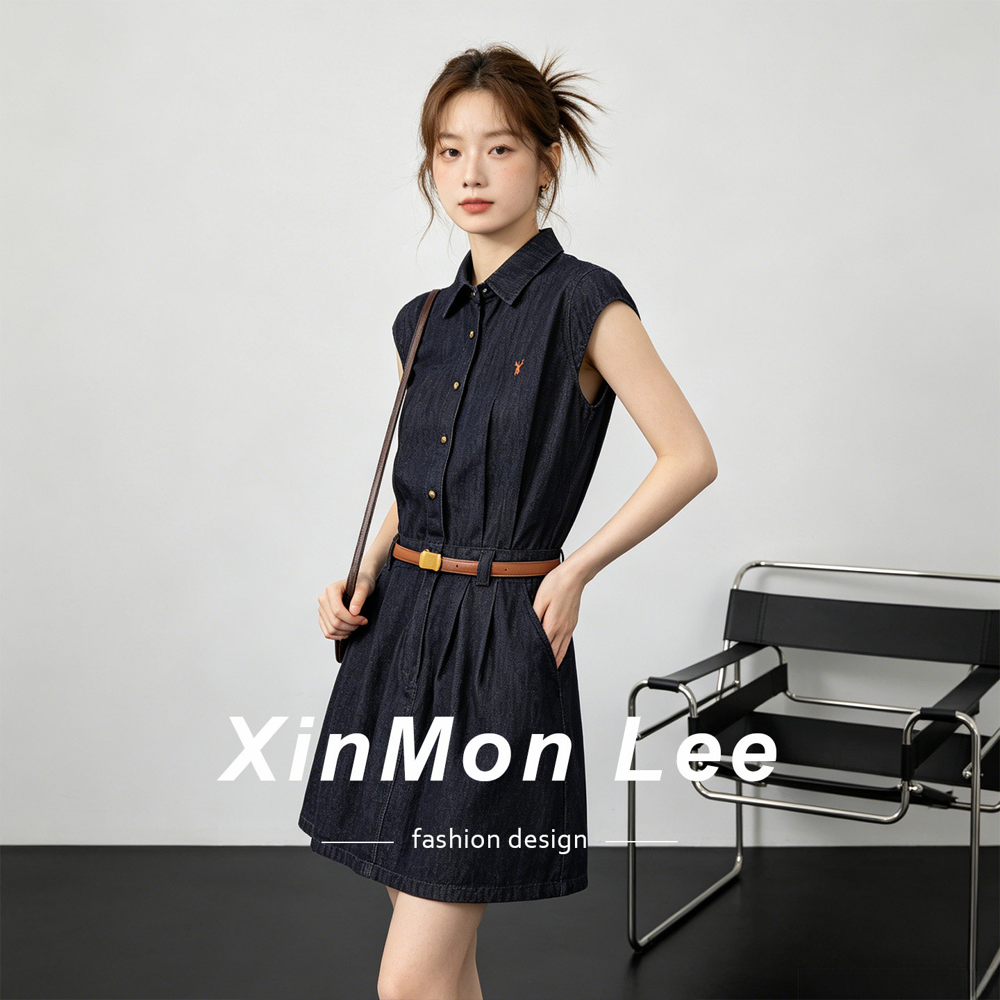 XinmonLee通勤气质韩式无袖牛仔衬衫连衣裙女夏收腰显瘦A字短裙