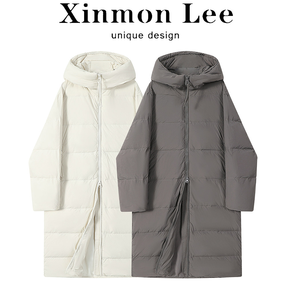 XinmonLee慵懒风灰色加厚羽绒服冬休闲长款气质韩系简约连帽外套