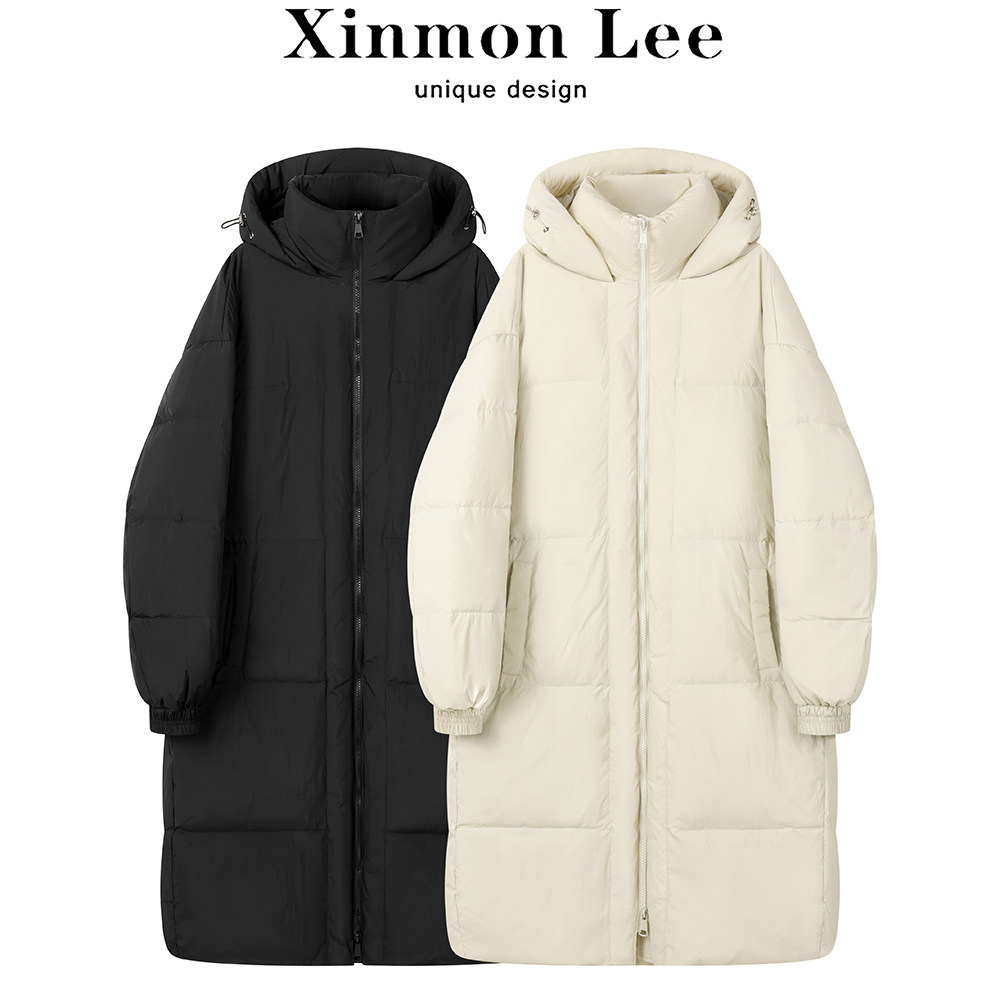 XinmonLee简约气质韩系纯色立领连帽直筒羽绒服外套冬季长款棉服