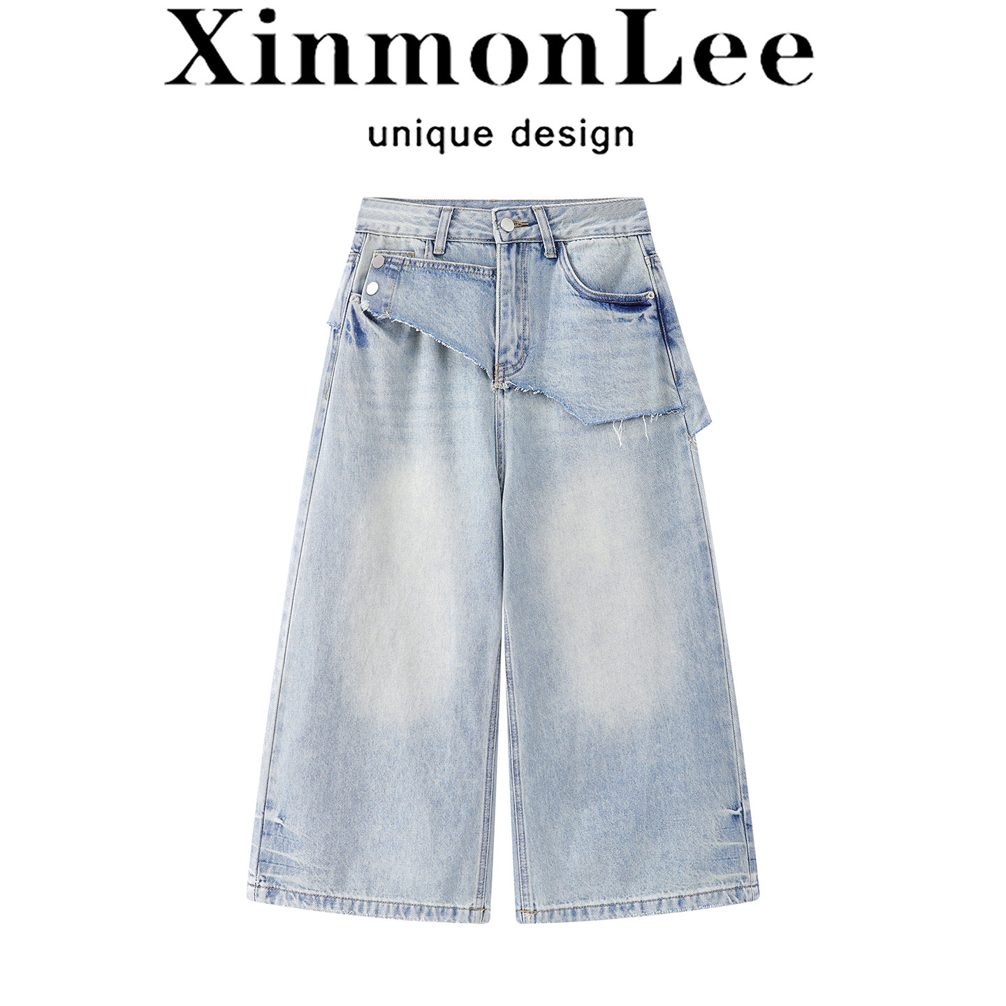 XinmonLee韩式屁帘拼接阔腿牛仔裤女高腰显瘦百搭七分裤浅色夏季
