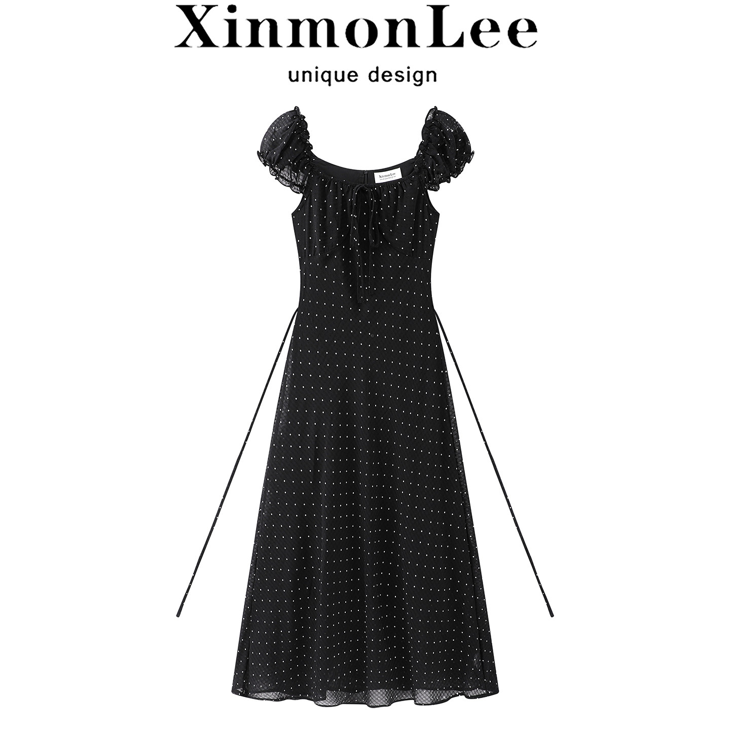 XinmonLee高级感气质波点吊带连衣裙夏季收腰绑带显瘦法式长裙