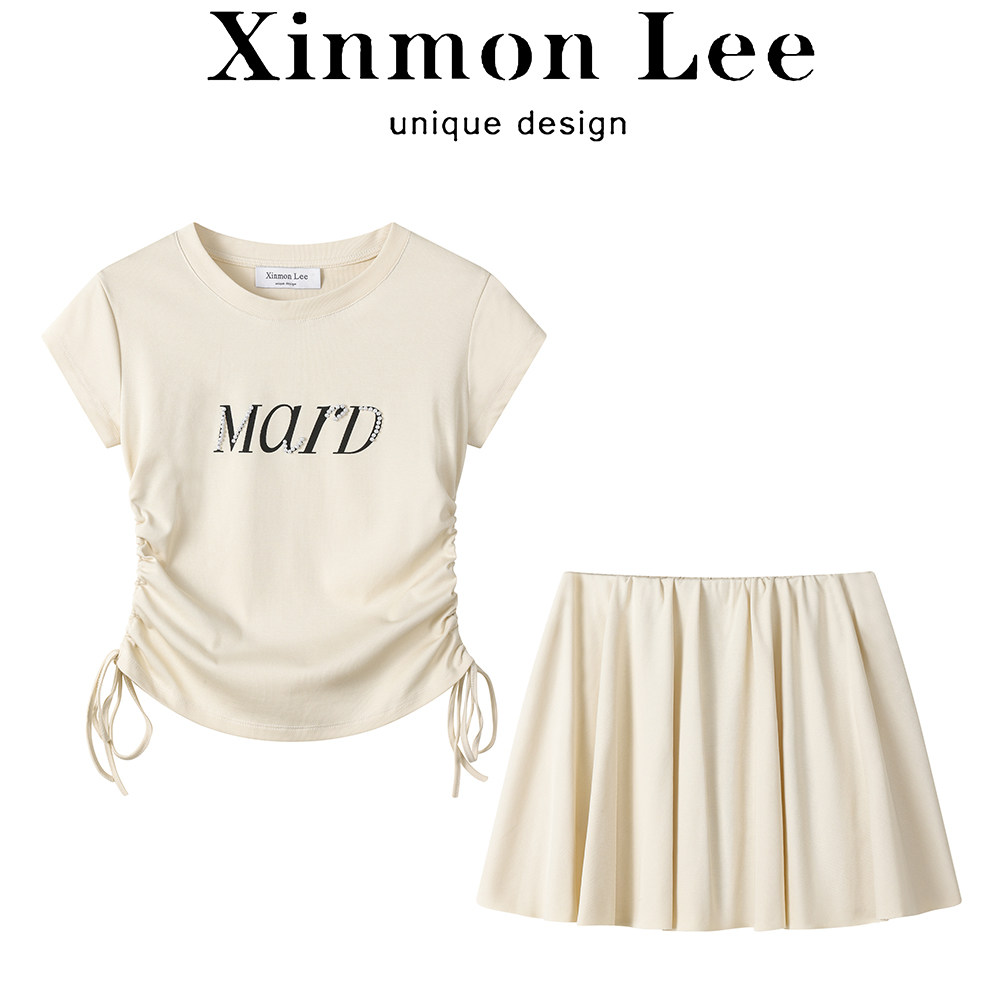 XinmonLee时尚修身显瘦短款T恤夏季女高腰包臀针织半裙两件套装