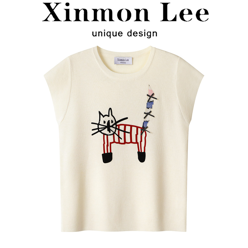 XinmonLee韩版洋气刺绣小猫短袖T恤2026春季新款别致修身短款上衣 - 实物图