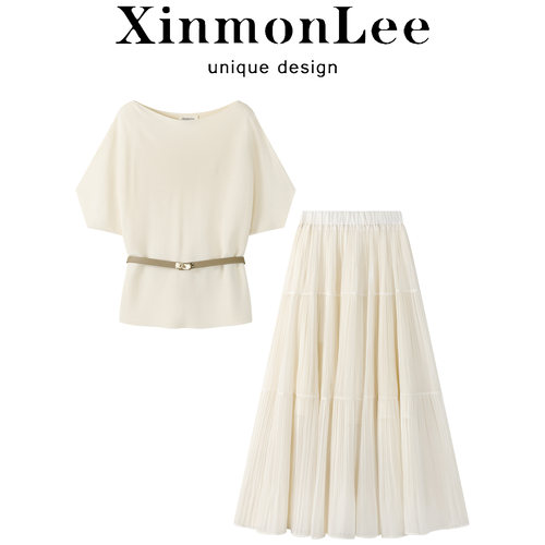 XinmonLee夏季杏色短袖T恤搭配高腰百褶裙两件套韩版气质时尚套装