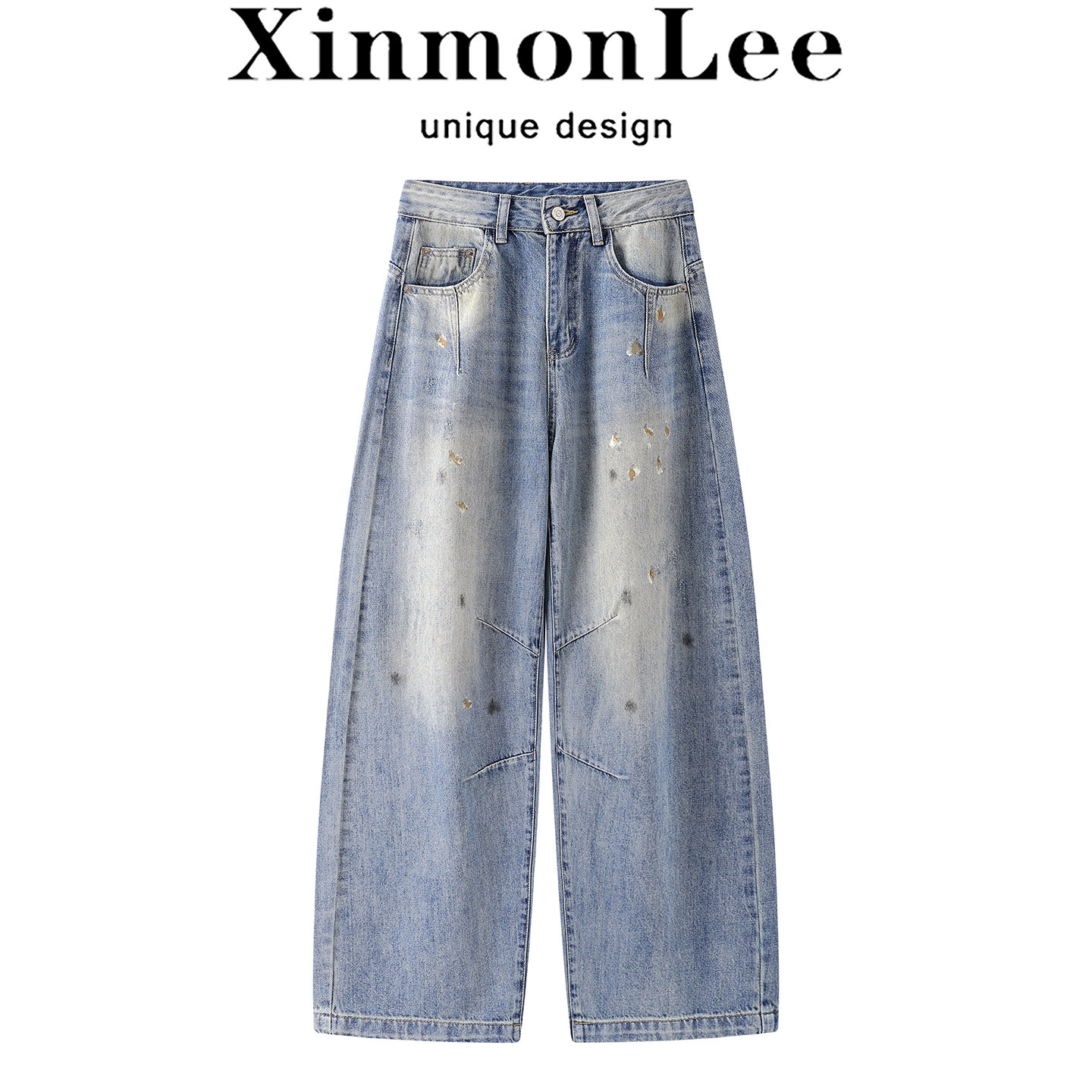 XinmonLee水洗做旧印染设计早春新款牛仔裤阔腿宽松韩版弯刀裤