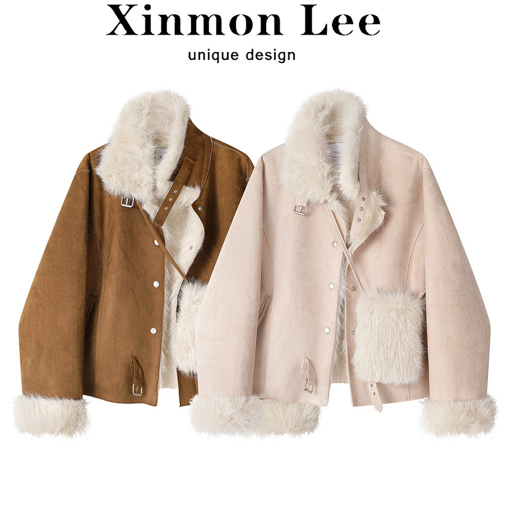 XinmonLee韩系甜美高级感皮毛一体鹿皮绒外套冬季加绒气质显瘦女