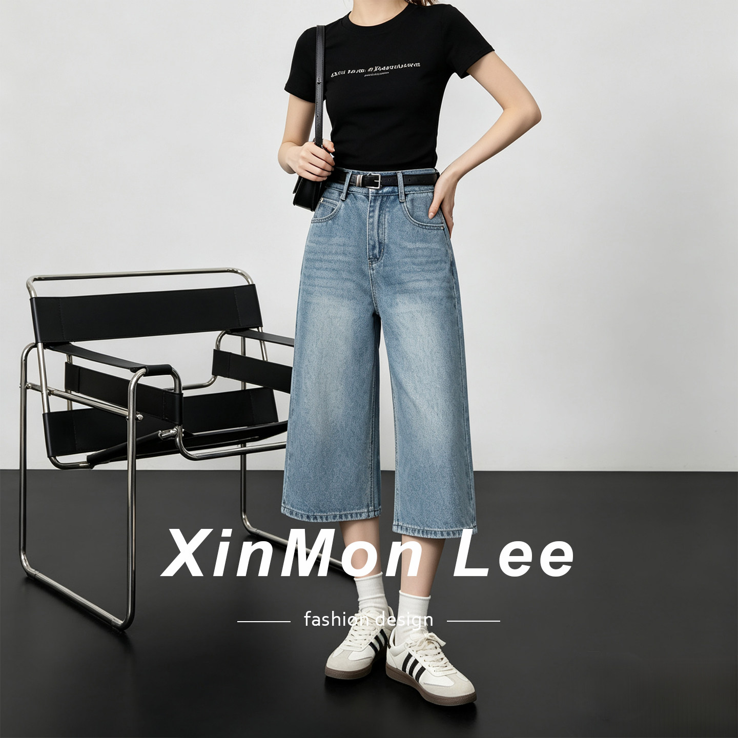 XinmonLee复古高腰简约韩系休闲阔腿裤春夏季牛仔七分裤宽松百搭