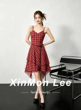 XinmonLee不规则夏季新款红色格子吊带连衣裙法式度假风显瘦长裙