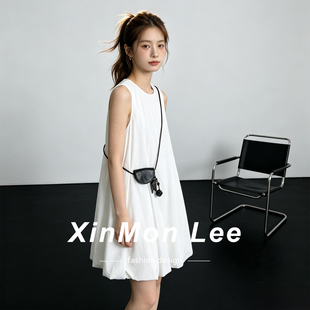 XinmonLee简约韩系纯色无袖背心连衣裙宽松直筒显瘦花苞裙夏季