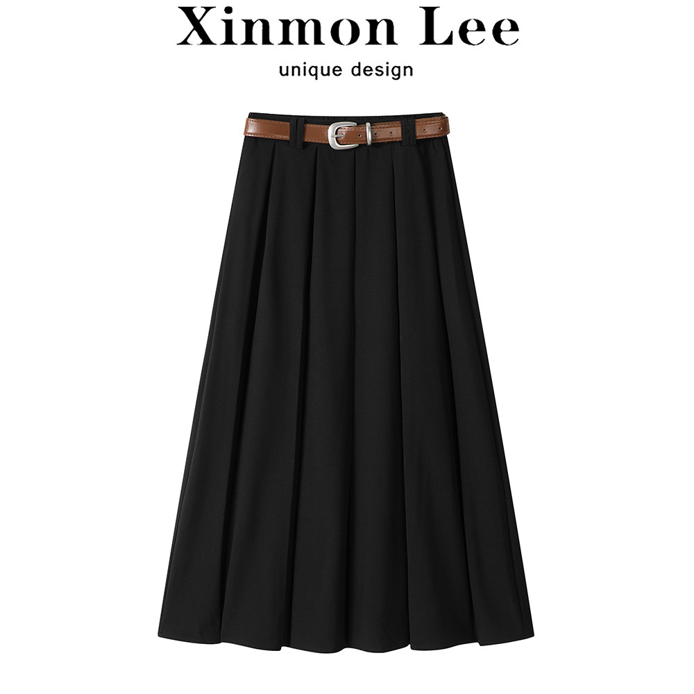 XinmonLee黑色西装a字半身裙女秋季中长款休闲学院风显瘦百褶裙子