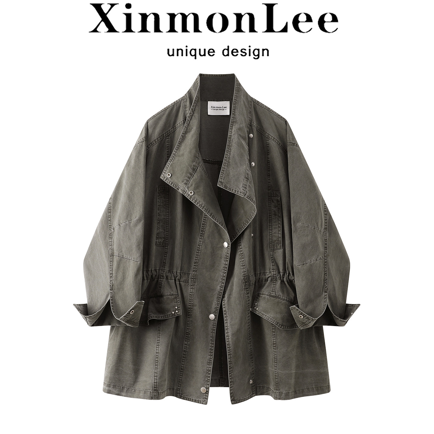 XinmonLee抽绳收腰韩版复古工装外套立领休闲中长款夹克上衣春季