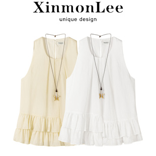 XinmonLee法式无袖荷叶边背心夏季宽松外穿独特漂亮白色圆领小衫